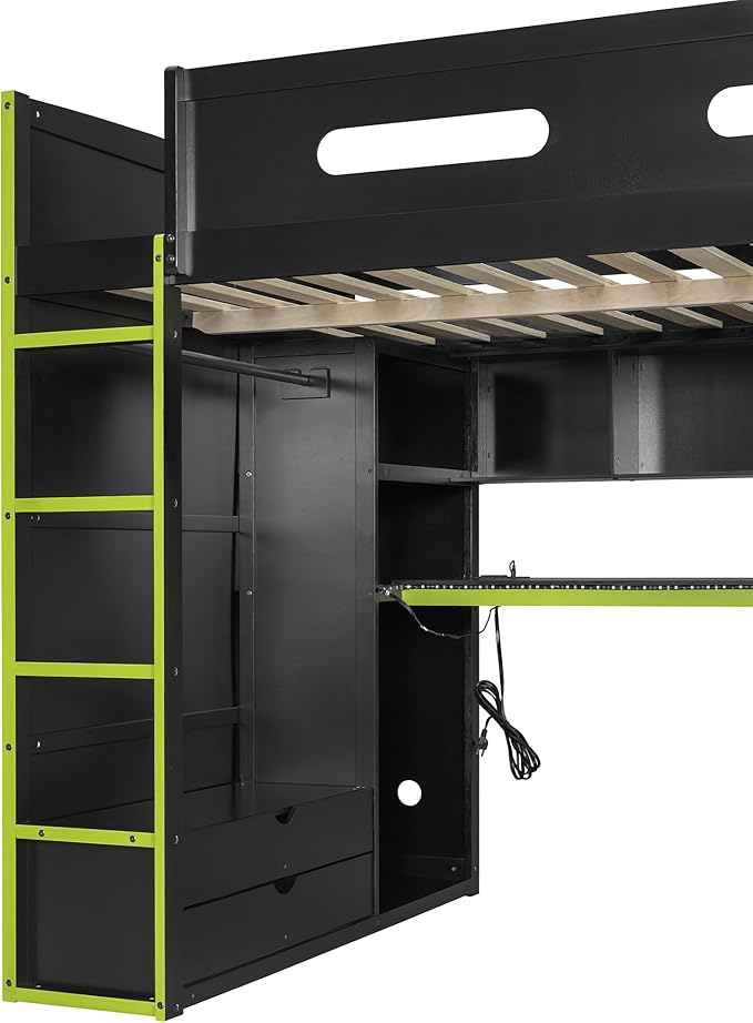 GOWE Full Size Wood Loft Bed with Desk,Wardrobe,Ample Storage Space,and RGB Light, Green(Old SKU:LT000261AAG)