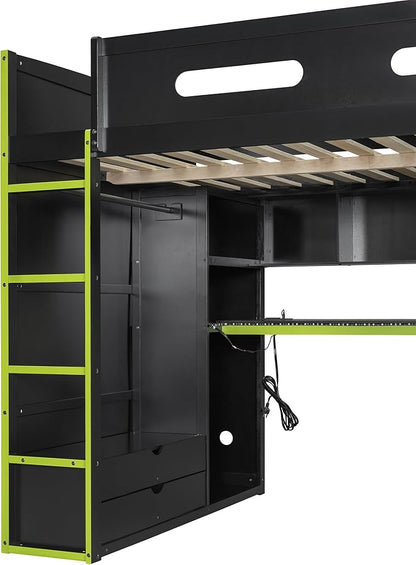 GOWE Full Size Wood Loft Bed with Desk,Wardrobe,Ample Storage Space,and RGB Light, Green(Old SKU:LT000261AAG)