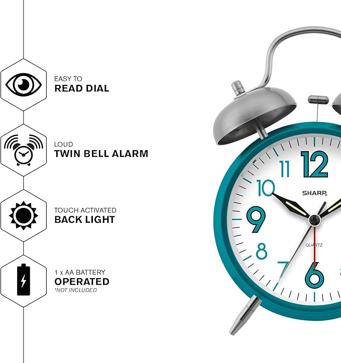 Sharp SPC851 Twin Bell Alarm Clock, Teal