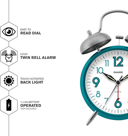 Sharp SPC851 Twin Bell Alarm Clock, Teal