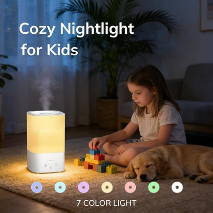 ZAFRO 3.2L Comfort Humidifier for Bedroom, Touch Panel with Timer, 7 Color LED Night Light, Top Fill Design & Three Mist Levels, Ultrasonic Cool Mist Humidifier with Auto Shut-off, White