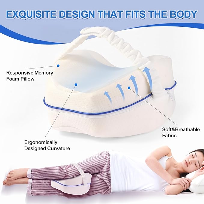 Knee and Leg Memory Foam Pillow for Side Sleepers, Ergonomic Support for Back, HIPS, Knees, Joints, Nerves and Muscle Discomfort Relief (White with Strap)
