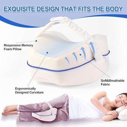 Knee and Leg Memory Foam Pillow for Side Sleepers, Ergonomic Support for Back, HIPS, Knees, Joints, Nerves and Muscle Discomfort Relief (White with Strap)