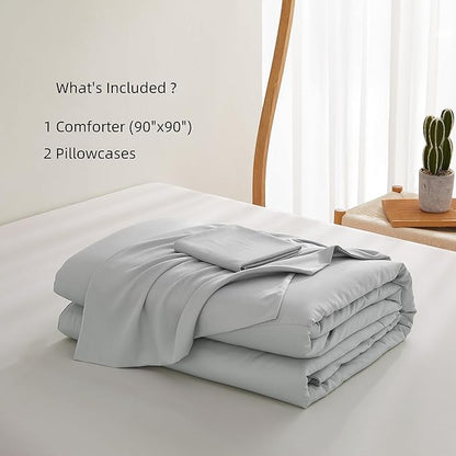 Zaizaihome Natural Bamboo Viscose Comforter Set Queen Size 3 Pieces, All-Season Soft Breathable Moisture-Wicking Quilt with Matching Pillowcases, Machine Washable, Quilted Fluffy Comforter (Gray)