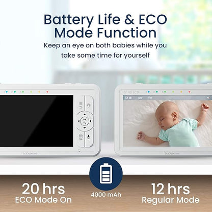 Babysense True Sleep HD Video Baby Monitor with Camera and Audio & Baby Sleep Breathing Movement Monitor, No Wifi, Non Wearable Non Contact Monitoring with 2 Under-Mattress Sensors, Full Crib Coverage
