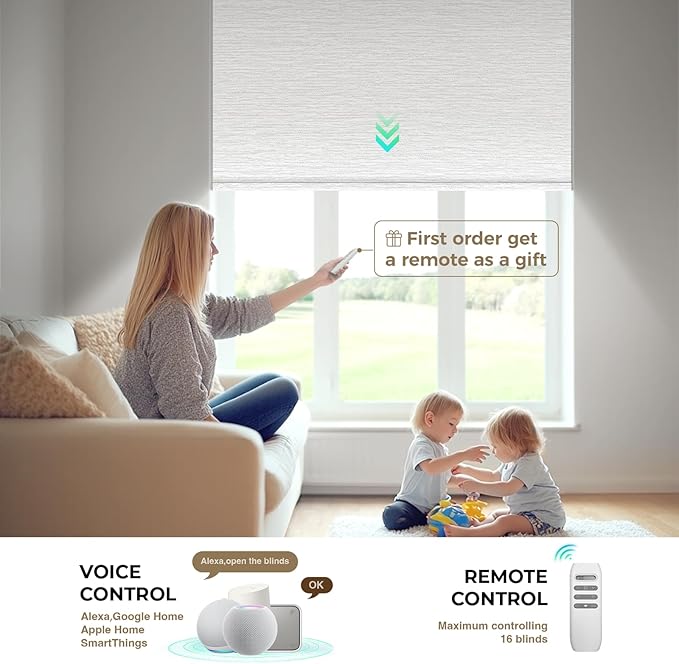HeyBlinds Motorized Blinds with Remote, 100% Blackout Smart Blinds, Automatic Shades for Windows Compatible with Alexa Google and Homekit, Custom Size(Light Chaser-Perla Bianca BO)