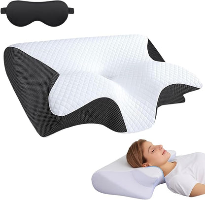 Pillow for Sleep Apnea, Cervical Neck Traction Pillow, 2-in-1 Orthopedic Memory Foam Pillows for Neck Pain Relief, for All Sleeping Positions, Breathable and Not Stuffy (Black)