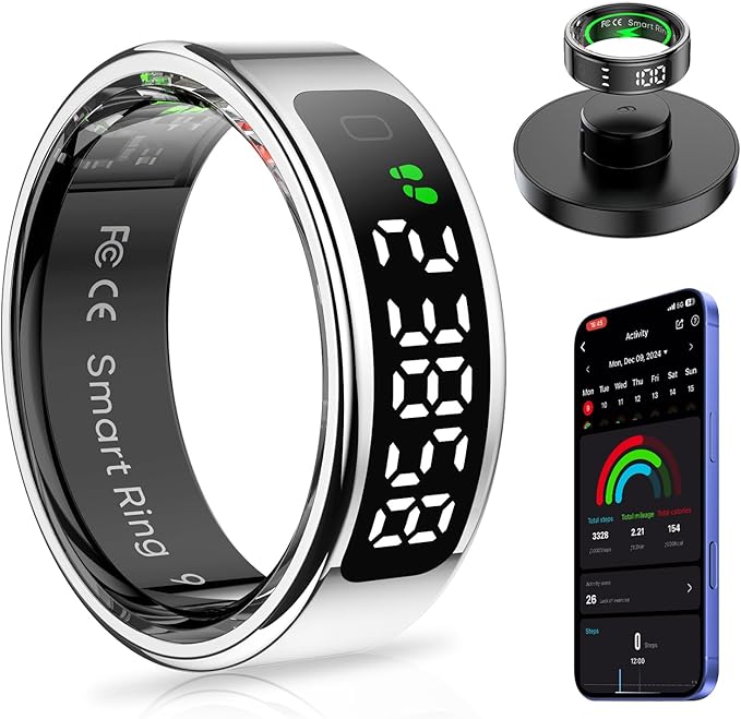 Smart Ring with Display Screen Health Tracker and Touch Button, Bluetooth Connection Health Ring Tracks/Sleep/Sports Activities, IP68 Waterproof (Silver, 10#)
