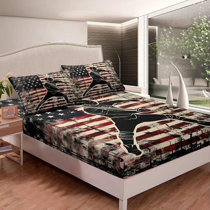 Manfei Fencing Fitted Sheet Full Size, American Flag Fencer Bedding Set 3pcs, Sword Fighting Sports Theme Bed Cover with 2 Pillowcases, Kids Boys Teens Room Decor, Soft Bedding(No Top Sheet)