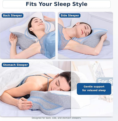 Cervical Neck Pillow - Memory Foam Pillow for Pain Relief Sleeping, Ergonomic Neck Support Contour Pillows for Side Back Stomach Sleepers,Orthopedic Breathable Pillowcase (Grey White)