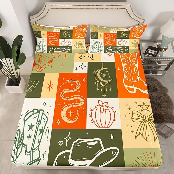 American Western Fitted Sheet Queen Size,Boho Cowboy Boots Hat Bull Skull Gothic Snake Soft Bed Cover(1 Fitted Sheet+1 Pillow Case),Retro Orange Beige Grids Patchwork Mattress Cover