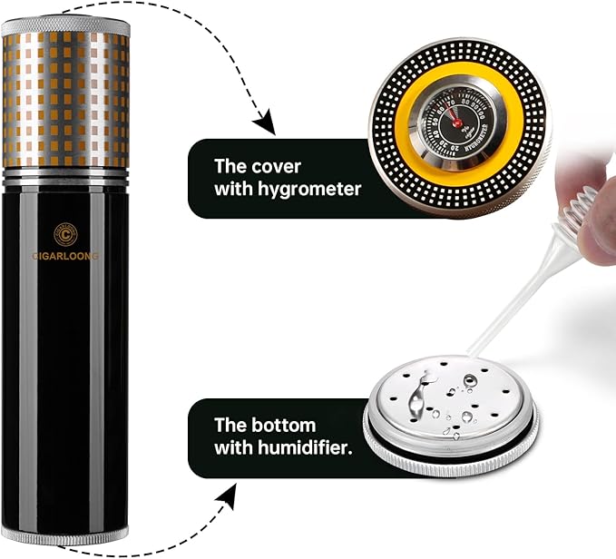 Travel Cigar Humidor Case/Box Stainless Steel Portable Cigar Tube Cigars Jar Humidifiers Air Tight Lid, Smell Proof with Cigar Hygrometer and Humidifier for 3 to 4 Cigars (Black)