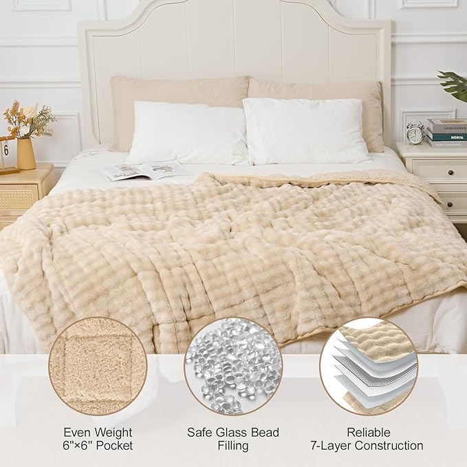 Cottonblue Weighted Blanket 20lbs Bubble Fleece Plush Sherpa Heavy Weighted Blankets for Adults, Fits Queen Size Bed, Cute Fuzzy Warm Heavy Blanket for Calm and Better Sleep, 60"x80", Beige