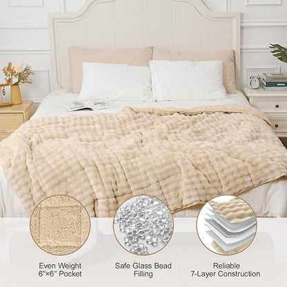 Cottonblue Weighted Blanket 20lbs Bubble Fleece Plush Sherpa Heavy Weighted Blankets for Adults, Fits Queen Size Bed, Cute Fuzzy Warm Heavy Blanket for Calm and Better Sleep, 60"x80", Beige