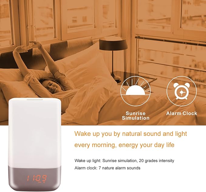 Smart Wake Up Light Alarm Clock, LED Table Lamp t-Button The Colorful Night Simulated Sunrise 3 Brightness Levels Adjustable