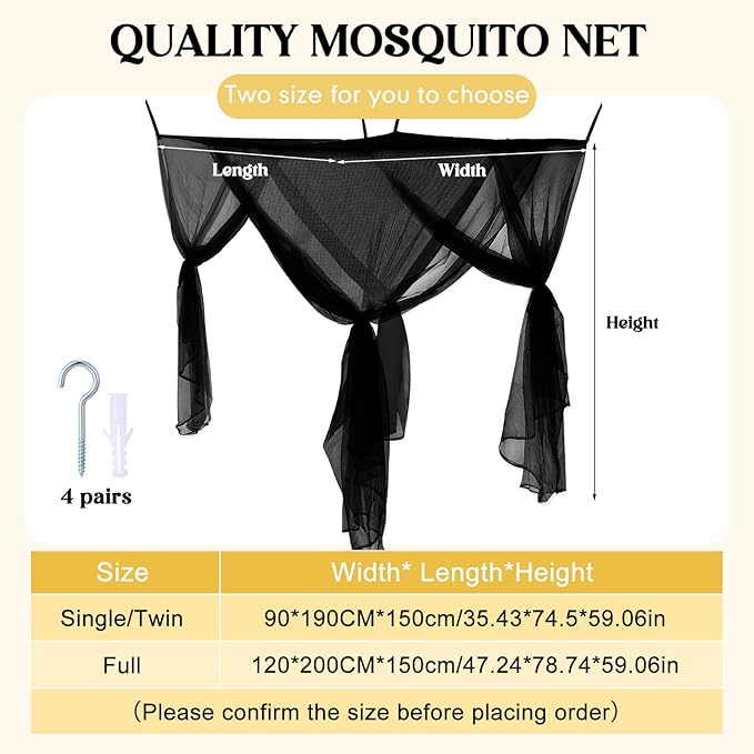 4 Corners Black Bed Canopy Curtains for Single Twin Full Size, Mosquito Net Rectangular Bed Drapes for Bedroom Home Indoor Patio Outdoor Decoration(L79 x W47 x H59 Inch)