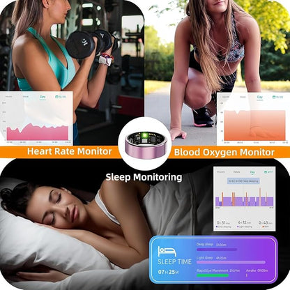 Smart Ring For Women Men, Health Tracker with Heart Rate, Blood Oxygen, Blood Pressure, Sleep Monitor, Step Counting, IP68 Waterproof Fitness ring, No App Fees for iPhone & Android (Black, 7#)