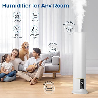 Humidifier Large Room,2.4Gal Cool Mist Humidifiers for Bedroom 9L High Capacity 24dB Quiet Air Humificador fit Removable Water Tank 360° Adjustable, Top Fill & Easy Clean with Remote Control （White）