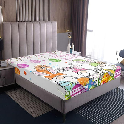 Cute Gnome Fitted Sheet Queen Size Happy Easter Eggs Flowers Bedding Set for Kids Bedroom Cartoon Floral Spring Bed Sheet Set 3pcs White Colorful Deep Pocket Mattress Cover,No Top Flat