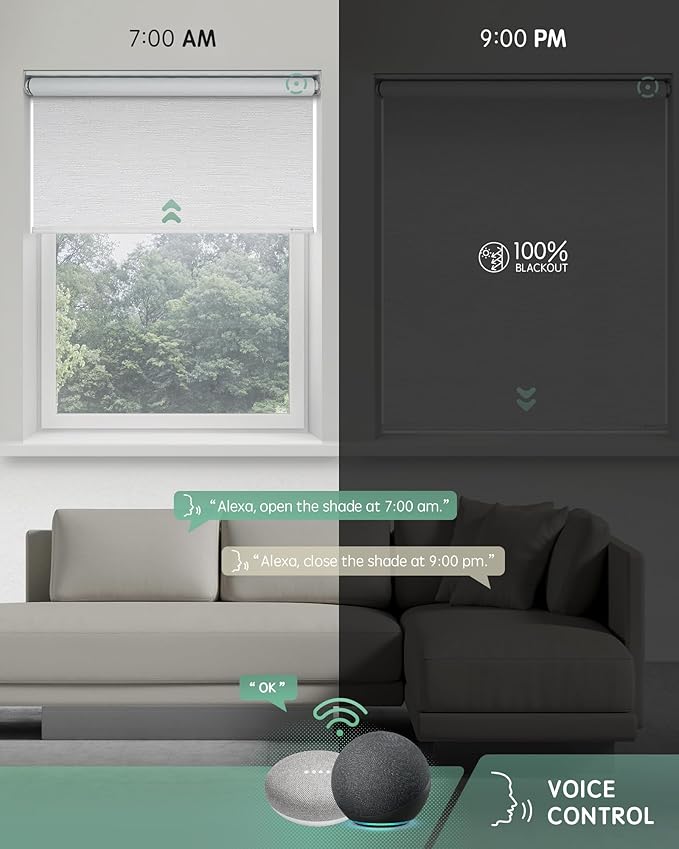 Yoolax Motorized Blinds with Remote, Blackout Smart Blinds for Windows Motorized Roller Shades, Automatic Window Blinds Directly Compatible with Alexa Electric Blinds (Jacquard White, 25" W x 72" H)
