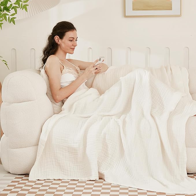 EMME Cotton Blanket Queen Size for Bed Soft Large Muslin Bed Bedspread 90"x90" Lightweight Breathable White Blanket All Season Gauze, White