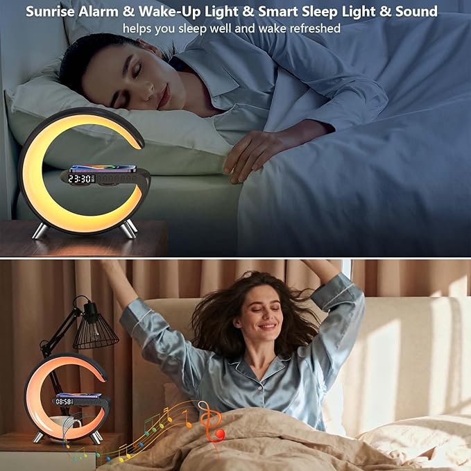2026 New Wireless Speaker Charger, App Control Smart Alarm Clock LED Table Lamp Bluetooth Speaker Atmosphere Bedside Light with Wireless Charging Station,Alarm Clock Lamp Christmas Gift