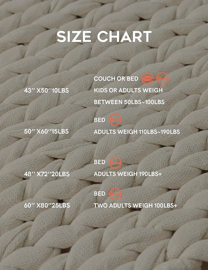 YnM Cotton Weighted Blanket, Handmade Chunky Knitted Design, Soft and Cozy, Temperature Regulating and Breathable, Machine Washable Throw for Sleep or Home Decor (Cream White, 80x84 Inch, 35lbs)