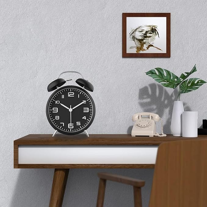 Loud Alarm Clock for Heavy Sleepers Adults, Metal 4 Inches Twin Bell Battery Operated Alarm Clocks for Bedrooms Decoration, Silent Non-Ticking Back-to-School Gift (Black)