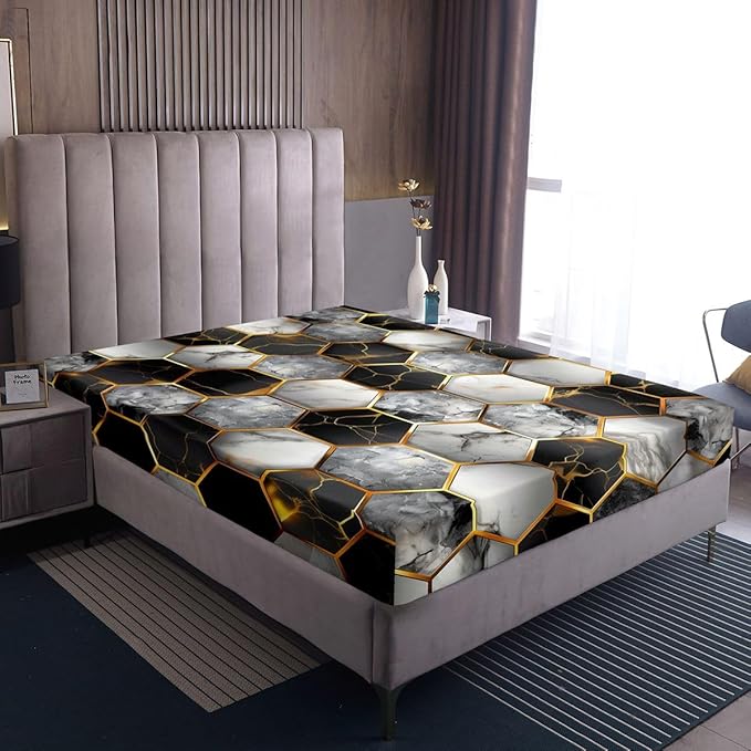 Marble Kids Twin Size Fitted Sheet,Geometric Honeycomb Modern Boys Girls Bed Sheets,Abstract Hexagon Futuristic Room Decor,Black Gray Bedding Set,1 Pillowcase(No Flat)