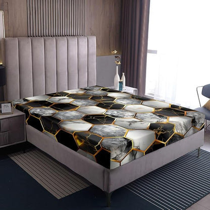 Marble Kids Twin Size Fitted Sheet,Geometric Honeycomb Modern Boys Girls Bed Sheets,Abstract Hexagon Futuristic Room Decor,Black Gray Bedding Set,1 Pillowcase(No Flat)