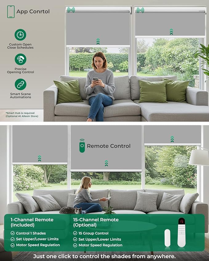 Allesin Motorized Roller Blinds with Remote Control for Windows, Blackout Automatic Smart Shades,Dry Battery Powered Electric Blind (Gray 33" W x 72" H)