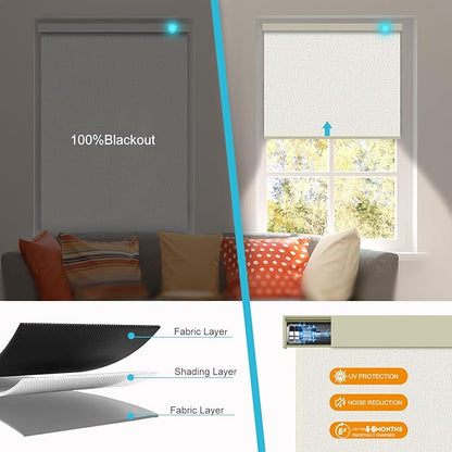 Motorized Blinds with Remote, 100% Blackout Smart Blind Roller Shades Compatible with Alexa Homekit, Automatic Electric Shades for Windows Customized Size（Linen Cream）