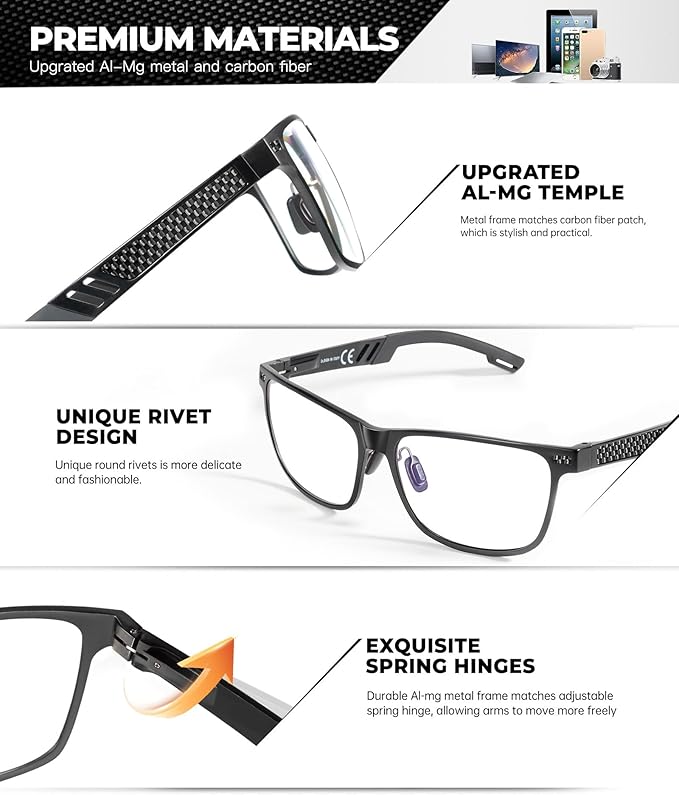Blue Light Glasses Men Premium Mens Gaming Computer Glasses Clear Lens with Al-Mg Frame Anti Blue Ray Screen Blocker