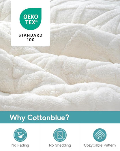 Cottonblue Jacquard Weighted Blanket 15lbs for Adults Queen Size, Ultra Soft Cozy Comfort Sherpa Blanket for Relax and Sleep, Heavy Bed Blankets with Cemaric Beads, 60x80 Inches, Cream White
