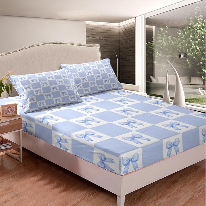 Princess Bowknot Fitted Sheet Set with 2 Pillowcase,Dreamy Blue Bow-tie Girly Bow Microfiber Mattress Cover,Geometric Grids Plaids Patchwork Blue White Bed Cover Queen Size