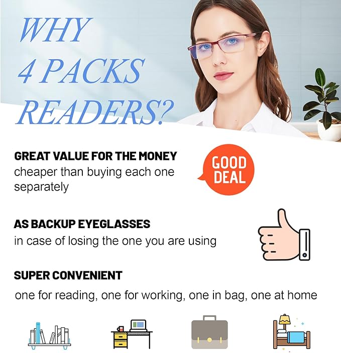 4 Pairs Blue Light Reading Glasses for Women 2.0 Anti-UV Blocking Computer Readers 1.00 1.25 1.50 1.75 2.00 2.25 2.50 2.75 3.00 3.50 4.00