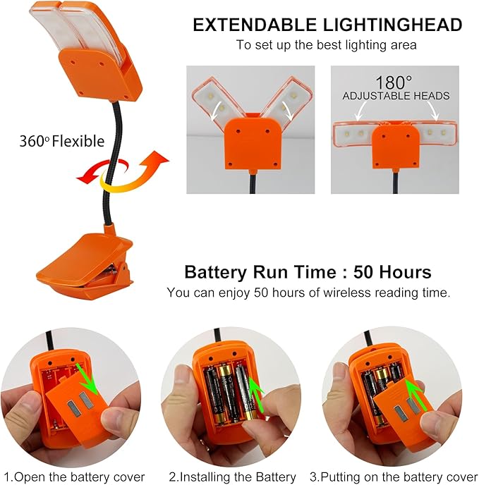 BIGMONAT Battery Operated Clip on Light, Dimmable Brightness Eye Care Book Reading Light, 360°Flexible Gooseneck Night Lighting for Home Office, Reading,Study (Orange, 2Pack)
