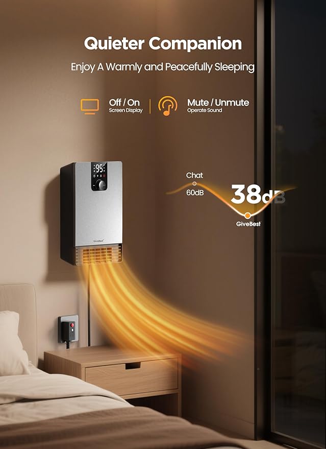 Wall Heater for Bathroom, 1500W Fast Heating Electric Space Heater with ALCI Plug, Adjustable Thermostat, 3 Heating Modes, 24H Timer, Easy Mounted Heater for Indoor Use, Home, Office, Silver