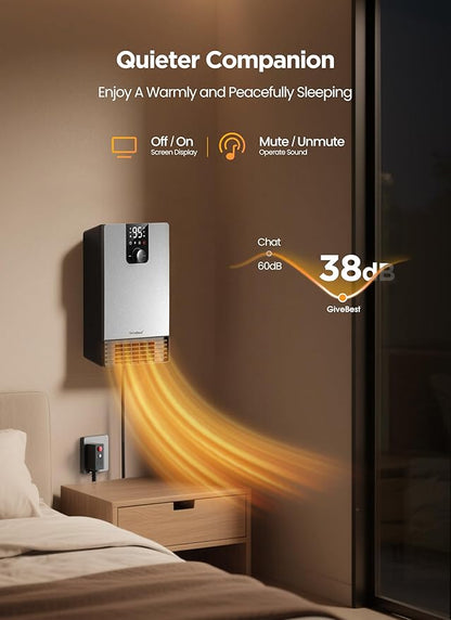 Wall Heater for Bathroom, 1500W Fast Heating Electric Space Heater with ALCI Plug, Adjustable Thermostat, 3 Heating Modes, 24H Timer, Easy Mounted Heater for Indoor Use, Home, Office, Silver