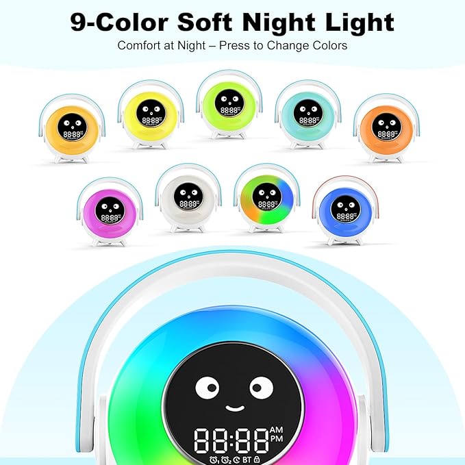 Alarm Clock with RGB Light,Night Light,Cute Smiley Face Display, Bluetooth Compatible,Sound Machine and OK to Wake Alarm Clock for Toddlers and Kids (Gradient)
