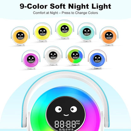 Alarm Clock with RGB Light,Night Light,Cute Smiley Face Display, Bluetooth Compatible,Sound Machine and OK to Wake Alarm Clock for Toddlers and Kids (Gradient)