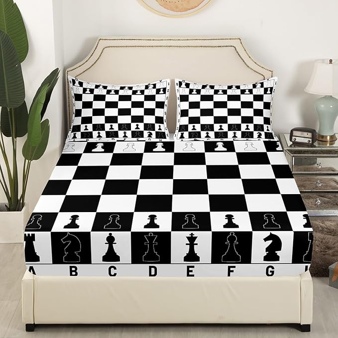 Checkerboard Bed Sheet King Set,International Chess Modern Chess Sport Game Sheet Sets Room Decor,Geometric Checker Plaids Grids Black White Bedding Set with Flat,Fitted Sheet,2 Pillow Cases