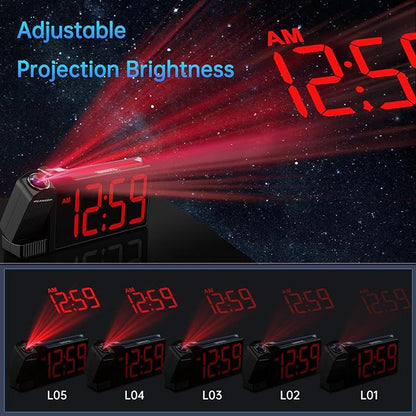 Peakeep Projection Alarm Clock for Bedroom Ceiling, Loud for Heavy Sleepers, RGB Nightlight Multi-Color Large Display 5 Brightness Dimmer, Plug in Bedside Electric LED Digital Clock with USB Port