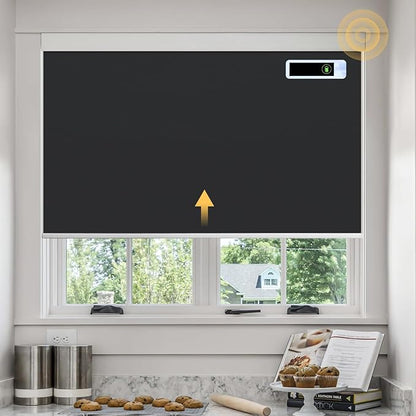 Motorized Blinds with Remote, Blackout Cooling Automatic Shades with Solar Panel Cordless Smart Blinds for Windows, Custom Electric Blinds Horizontal Roller Shades,Black,34" W X 72" H