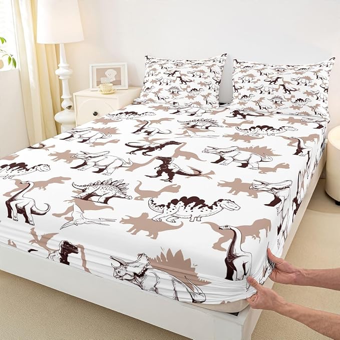 Dinosaur Kids Twin Size Fitted Sheet,Sketch Cartoon Animal Boys Girls Bed Sheets,Dino Modern Fashion Room Decor,Brown White Bedding Set,1 Pillowcase(No Flat)