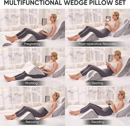 4 PCS Wedge Pillow Set for After Surgery, Adjustable Bed for Sleeping, Acid Reflux Relief, Post Surgery Recovery, Back Support, Leg Elevation, Memory Foam Orthopedic Bed Wedge Pillow Set, Gery