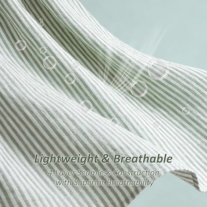 EMME Cotton Muslin Queen Blanket Bed Layering Bedspread Coverlet Breathable Gauze Soft Lightweight Adults (Striped Sage Green, 90"x90")