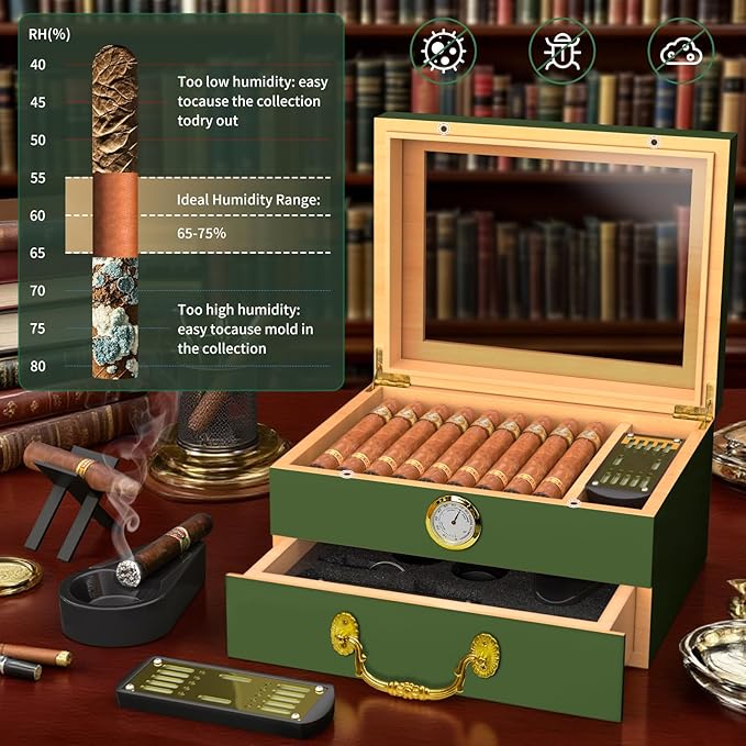 Cigar Humidor Box - Spanish Cedar Small Table Top Humidors for 20-50 Cigars with Accessories and Humidifier - Storage Drawer - Stylish Desktop Cigar Holder for Men - Portable Travel Case Emerald Green