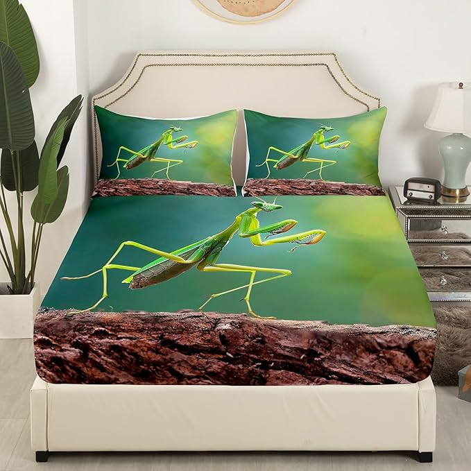 Manfei Mantis Kids Sheet Set King Size, Natural Wildlife Bedding Set for Boys Teens Adults Room Decor, Malaysia Green Praying Mantis Bed Sheet Set 4pcs (Fitted Sheet, Flat Sheet, 2 Pillowcases)