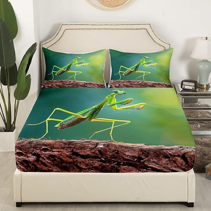Manfei Mantis Kids Sheet Set King Size, Natural Wildlife Bedding Set for Boys Teens Adults Room Decor, Malaysia Green Praying Mantis Bed Sheet Set 4pcs (Fitted Sheet, Flat Sheet, 2 Pillowcases)